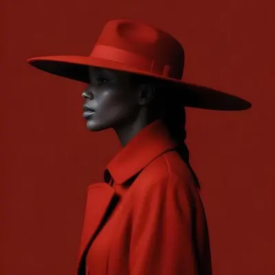 A Black Woman 30 Years Old Wearing A Black Hat And A Black Coat Side View Dark Skin Black Background Elegant Fashion Photography Studio Lighting High Contrast Minimalist 11 Ae02