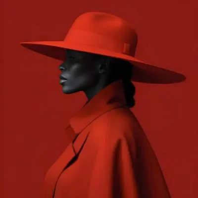 A Black Woman 30 Years Old Wearing A Black Hat And A Black Coat Side View Dark Skin Black Background Elegant Fashion Photography Studio Lighting High Contrast Minimalist 17 2dda