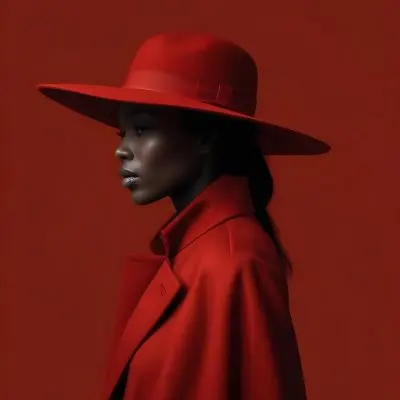 A Black Woman 30 Years Old Wearing A Black Hat And A Black Coat Side View Dark Skin Black Background Elegant Fashion Photography Studio Lighting High Contrast Minimalist 19 C60c