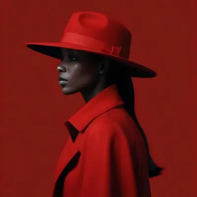 A Black Woman 30 Years Old Wearing A Black Hat And A Black Coat Side View Dark Skin Black Background Elegant Fashion Photography Studio Lighting High Contrast Minimalist 21 2c0e