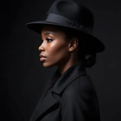 A Black Woman 30 Years Old Wearing A Black Hat And A Black Coat Side View Dark Skin Black Background Elegant Fashion Photography Studio Lighting High Contrast Minimalist 4 De0a