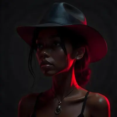 A Black Woman Age 25 With A Hat In A Dark Background With Red Light Around The Neck And Shoulders 16 A2a3