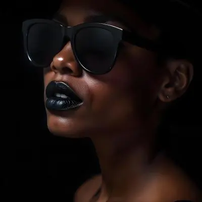 A Black Woman Age 25 With Dark Skin Wearing A Black Hat And Black Sunglasses Black Lips In A Black Background 21 661e