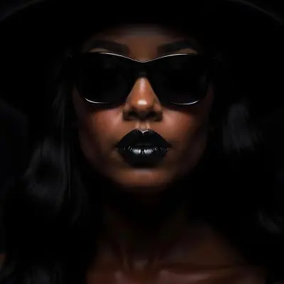 A Black Woman Age 25 With Dark Skin Wearing A Black Hat And Black Sunglasses Black Lips In A Black Background 26 3cb6
