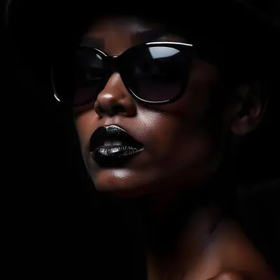 A Black Woman Age 25 With Dark Skin Wearing A Black Hat And Black Sunglasses Black Lips In A Black Background 28 B78a