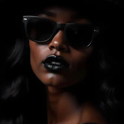 A Black Woman Age 25 With Dark Skin Wearing A Black Hat And Black Sunglasses Black Lips In A Black Background 29 C2a8