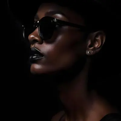 A Black Woman Age 25 With Dark Skin Wearing A Black Hat And Black Sunglasses Black Lips In A Black Background 31 C89c