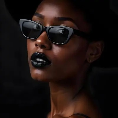A Black Woman Age 25 With Dark Skin Wearing A Black Hat And Black Sunglasses Black Lips In A Black Background 33 5faf