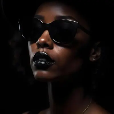 A Black Woman Age 25 With Dark Skin Wearing A Black Hat And Black Sunglasses Black Lips In A Black Background 35 D23d