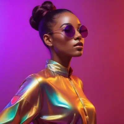 A Black Woman In Her 20s With A Sleek Bun Hairstyle Wearing Round Sunglasses And A Shiny Iridescent Shirt The Background Features Vibrant Purple And Pink Hues Creating A Striking Contrast With Her Outfit 22 1495
