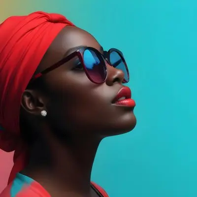 A Black Woman With Dark Skin Approximately 25 Years Old Wearing A Bright Red Headscarf And Stylish Sunglasses Her Lips Are Painted A Bold Red And She Is Posed With Her Head Tilted Slightly Upward Against A Gradien 10 3adb