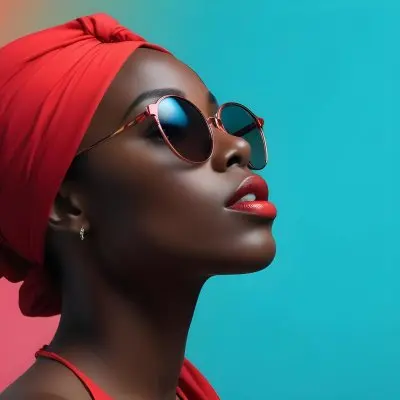 A Black Woman With Dark Skin Approximately 25 Years Old Wearing A Bright Red Headscarf And Stylish Sunglasses Her Lips Are Painted A Bold Red And She Is Posed With Her Head Tilted Slightly Upward Against A Gradien 15 Ed02