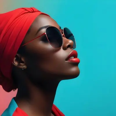 A Black Woman With Dark Skin Approximately 25 Years Old Wearing A Bright Red Headscarf And Stylish Sunglasses Her Lips Are Painted A Bold Red And She Is Posed With Her Head Tilted Slightly Upward Against A Gradien 22 6cee