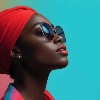 A Black Woman With Dark Skin Approximately 25 Years Old Wearing A Bright Red Headscarf And Stylish Sunglasses Her Lips Are Painted A Bold Red And She Is Posed With Her Head Tilted Slightly Upward Against A Gradien 39 C7b1