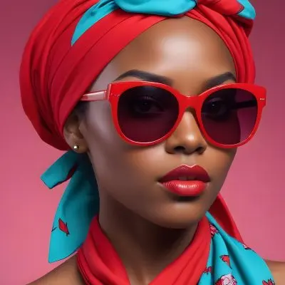 A Black Woman With Dark Skin Approximately 25 Years Old Wearing A Bright Red Headscarf And Stylish Sunglasses Her Lips Are Painted A Bold Red And She Is Posed With Her Head Tilted Slightly Upward Against A Gradien 55 1bfc