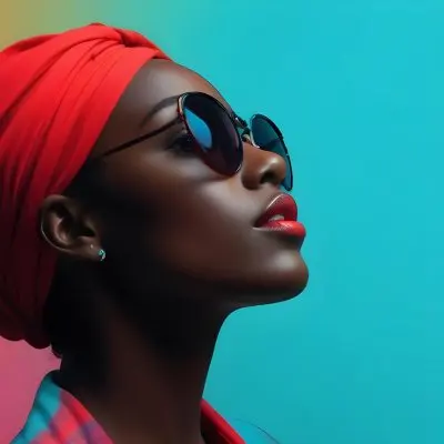 A Black Woman With Dark Skin Approximately 25 Years Old Wearing A Bright Red Headscarf And Stylish Sunglasses Her Lips Are Painted A Bold Red And She Is Posed With Her Head Tilted Slightly Upward Against A Gradien 9 10a6