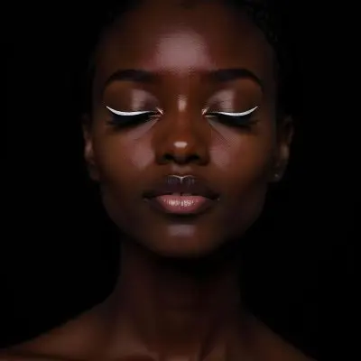 A Black Young Woman Age 22 With Closed Eyes Long Eyelashes And White Eyeliner In A Black Background 15 D401