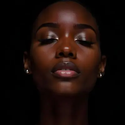 A Black Young Woman Age 22 With Closed Eyes Long Eyelashes And White Eyeliner In A Black Background 16 64e3