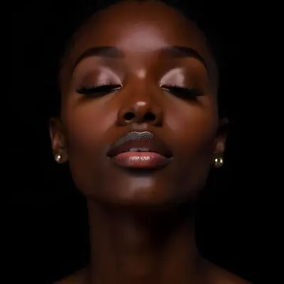 A Black Young Woman Age 22 With Closed Eyes Long Eyelashes And White Eyeliner In A Black Background 21 049f