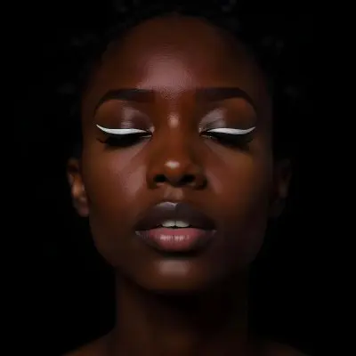 A Black Young Woman Age 22 With Closed Eyes Long Eyelashes And White Eyeliner In A Black Background 25 3311