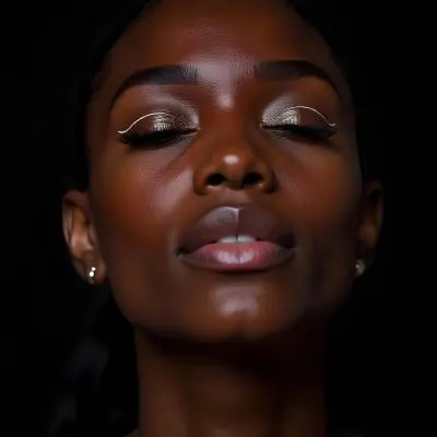 A Black Young Woman Age 22 With Closed Eyes Long Eyelashes And White Eyeliner In A Black Background 30 5e2a