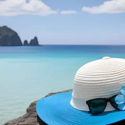 A Blue And White Sun Hat With Sunglasses And A Blue Flower On A Rock Turquoise Sea And Island In The Background 10 7dc0