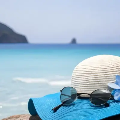 A Blue And White Sun Hat With Sunglasses And A Blue Flower On A Rock Turquoise Sea And Island In The Background 18 9fa4
