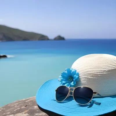 A Blue And White Sun Hat With Sunglasses And A Blue Flower On A Rock Turquoise Sea And Island In The Background 6