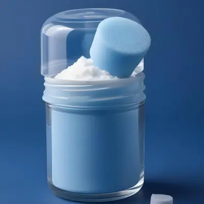 A Blue Cosmetic Jar With A White Applicator Sponge On A Blue Background 11 490b
