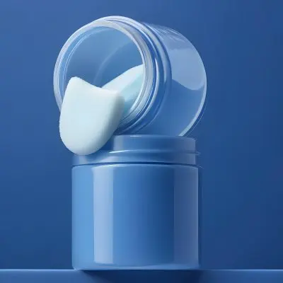 A Blue Cosmetic Jar With A White Applicator Sponge On A Blue Background 12 7479