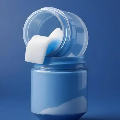 A Blue Cosmetic Jar With A White Applicator Sponge On A Blue Background 13 05b4