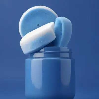 A Blue Cosmetic Jar With A White Applicator Sponge On A Blue Background 14 2bba
