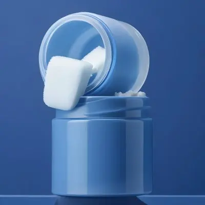 A Blue Cosmetic Jar With A White Applicator Sponge On A Blue Background 17 533f