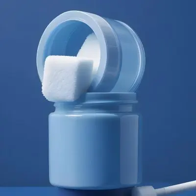 A Blue Cosmetic Jar With A White Applicator Sponge On A Blue Background 18 Fbe8