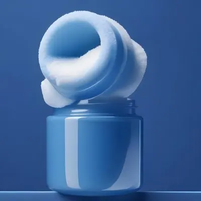A Blue Cosmetic Jar With A White Applicator Sponge On A Blue Background 7 228d