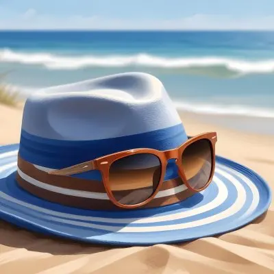A Blue Fedora With A Striped Band And Brown Sunglasses On A Sandy Beach With A Blurred Ocean Background 16 9480