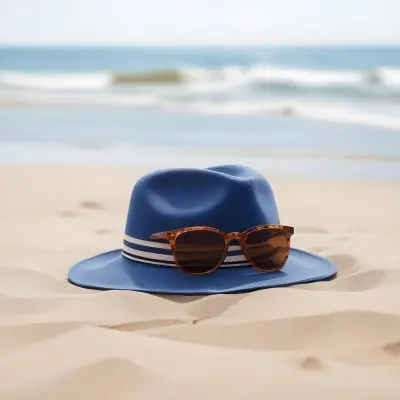 A Blue Fedora With A Striped Band And Brown Sunglasses On A Sandy Beach With A Blurred Ocean Background 21 340c