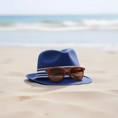 A Blue Fedora With A Striped Band And Brown Sunglasses On A Sandy Beach With A Blurred Ocean Background 26