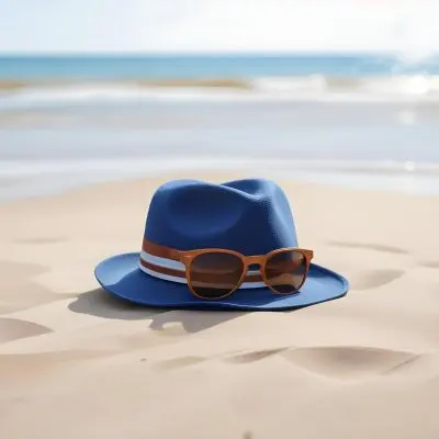 A Blue Fedora With A Striped Band And Brown Sunglasses On A Sandy Beach With A Blurred Ocean Background 32