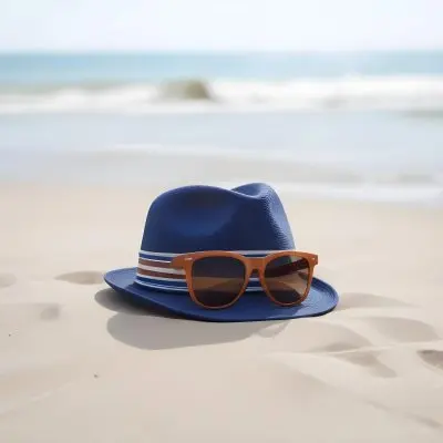 A Blue Fedora With A Striped Band And Brown Sunglasses On A Sandy Beach With A Blurred Ocean Background 34