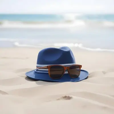 A Blue Fedora With A Striped Band And Brown Sunglasses On A Sandy Beach With A Blurred Ocean Background 36