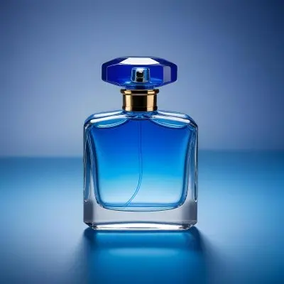 A Blue Glass Perfume Bottle With A Blue Cap Gradient Color Studio Shot Product Photography Blue Background 9 1cda