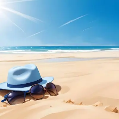 A Blue Hat And Sunglasses On The Sand With A Blue Sea And Sky In The Background Sunny Day On The Beach 10 C275