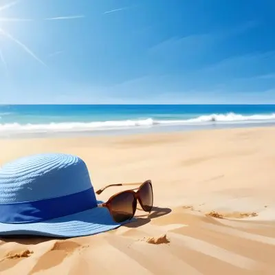 A Blue Hat And Sunglasses On The Sand With A Blue Sea And Sky In The Background Sunny Day On The Beach 17 5dab