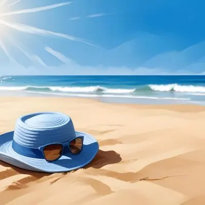A Blue Hat And Sunglasses On The Sand With A Blue Sea And Sky In The Background Sunny Day On The Beach 22
