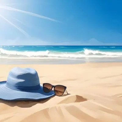 A Blue Hat And Sunglasses On The Sand With A Blue Sea And Sky In The Background Sunny Day On The Beach 23 2eb6