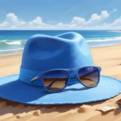A Blue Hat And Sunglasses On The Sand With A Blue Sea And Sky In The Background Sunny Day On The Beach 28 0cd3