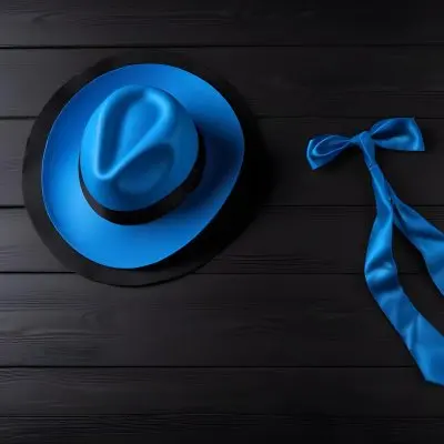 A Blue Hat With A Blue Ribbon And A Black Tie On A Black Wooden Surface Top Down View Summer Vibes Vacation Concept 4 57bf