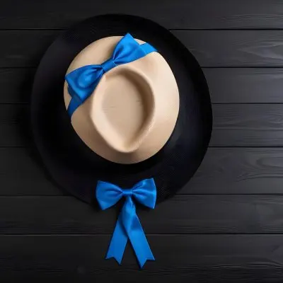 A Blue Hat With A Blue Ribbon And A Black Tie On A Black Wooden Surface Top Down View Summer Vibes Vacation Concept 6