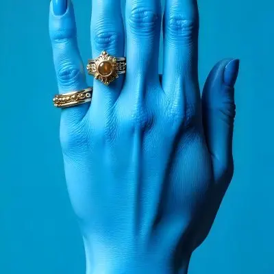 A Blue Painted Hand With Blue Nails Wearing Golden Rings And A Bracelet In A Blue Background 4 547b